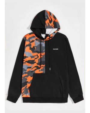 Camo Spliced Drawstring Wholesale Custom Men Letter Graphic Hoodie
