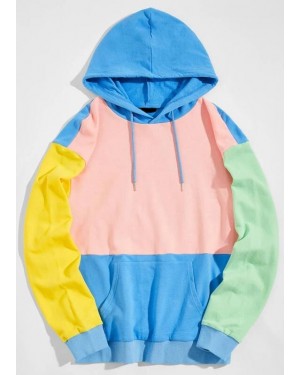 Most Popular Customizable Men Drawstring Detail Pouch Pocket Color Block Hoodie
