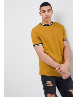New Look T-Shirt With Tipping Detail In Mustard with White and Black Striped Rib Custom Services
