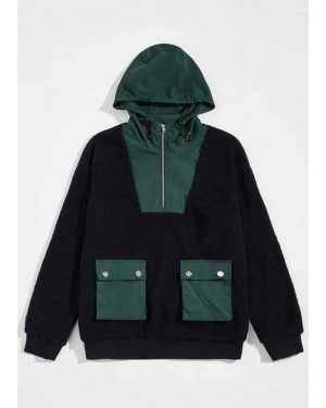 Unisex Flap Pocket Mixed Media Zip Half Placket Hoodie